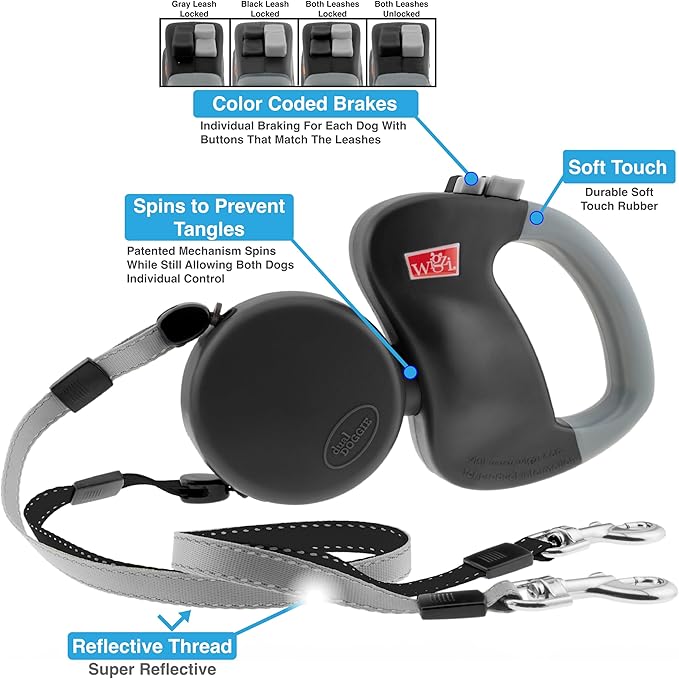 WIGZI - 2025 Enhanced Edition - Dual (2) Dog Retractable Leash, Auto-Untangles, Supports Up to 50lb Dogs, 10ft Distance Each Dog, Color-Coded Control, Reflective Leads, Waterproof (Black)
