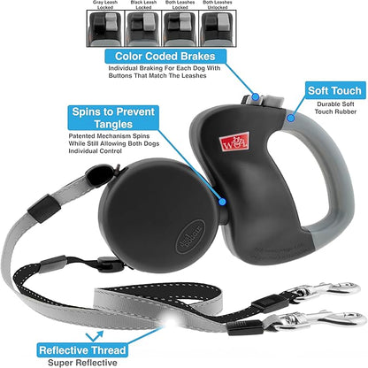 WIGZI - 2025 Enhanced Edition - Dual (2) Dog Retractable Leash, Auto-Untangles, Supports Up to 50lb Dogs, 10ft Distance Each Dog, Color-Coded Control, Reflective Leads, Waterproof (Black)