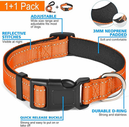 Reflective Dog Collar Padded with Soft Neoprene Breathable Adjustable Nylon Dog Collars for Small Medium Large Dogs (Large (Pack of 1), Orange Collar+Leash)
