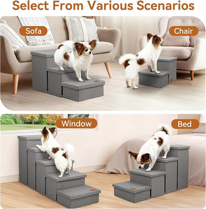 Dog Stairs with Storage 12" H, 2-Step Wider Dog Steps for Dogs Cats, Folding Sturdy Pet Stairs Climbing Sofa Couch, Ramp for Car Hold Up to 150 lbs (Gray, No Condo)
