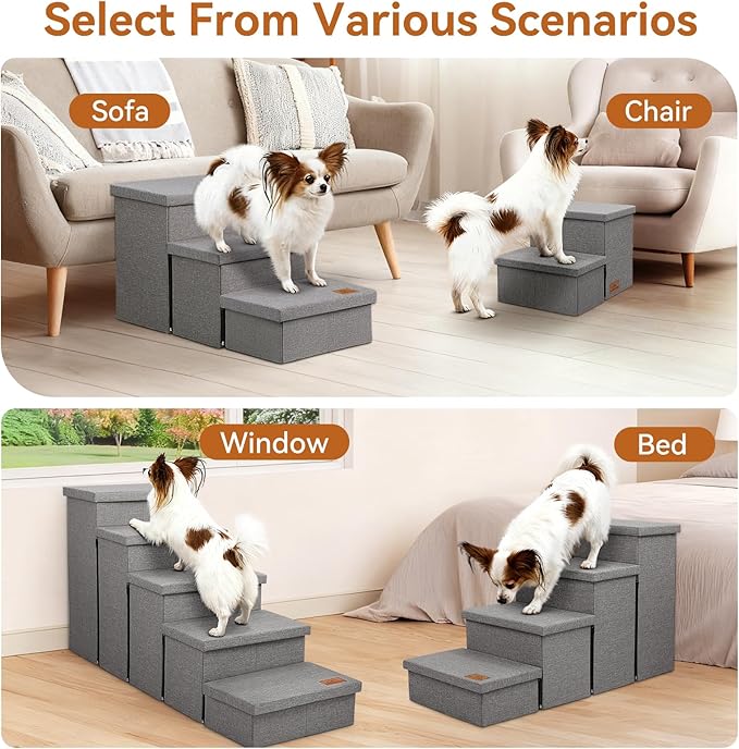 Dog Stairs 23" H, 4-Step Wider Dog Steps for High Beds Window, Folding Storage Pet Stairs Gift for Small/Medium/Large Old Dogs Cats, Ramp for Climbing Car Up to 200 lbs (Gray, with Condo)