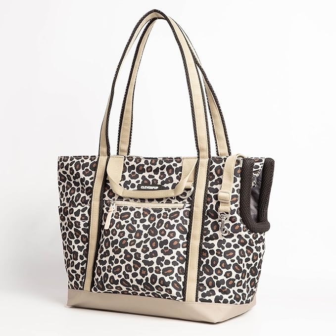 Cleverpup Transit Tote Dog Carrier for Small/Medium Dogs 8-20 lbs, 19x12x9 Soft-Sided 4-Pc Set with Waterproof Base, Plush Insert, Food Pouch, Mesh Head Opening - Medium, Leopard