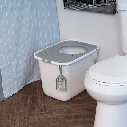IRIS USA Large Cat Litter Box Top Entry with Lid, Enclosed Litter Box with Litter Catching Lid & Scoop, Covered Cat Litter Box Enclosure for Privacy, High Sided, White/Gray