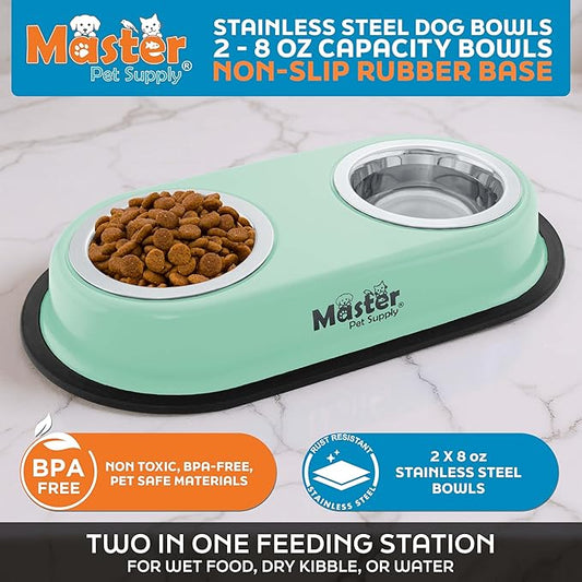 Master Pet Supply Double Dog Bowls Set with Elevated Base and 2 (8 oz) Stainless Steel Removable Dishes (Pistachio) – Double Cat Food Water Bowl, Dog Puppy Food Bowl Set, Rust Resistant
