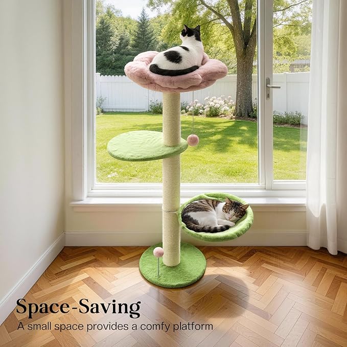 2 Ways Cat Window Perch, Flower Window Perch for Cats Inside with Hammock & Jumping Paltform, Cats Window Bed with Tall Sisal Scratching Post, Cat Hammock for Windows with 2 Strengthened Suction Cups