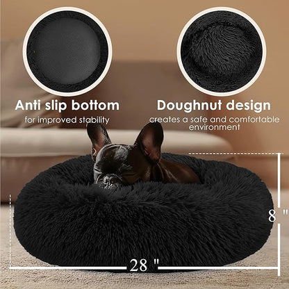 28in Large Dog Bed, Medium Size Dog and Cats, Calming Donut Bed for Puppy and Kitten, Washable Round Fluffy Pet Bed (Black)