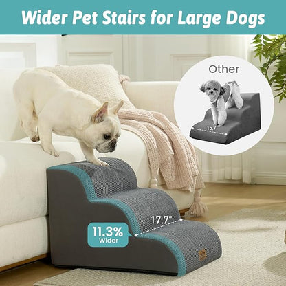 Wide Dog Stairs for Small Dog 15.7" H, Pet Step for Puppy, Older Cat, Curved Ramp for Couch, Durable Anti-Slip Ladder with High Density Foam, 3 Step, 17.7x22.4x15.7 inch, Dark Grey