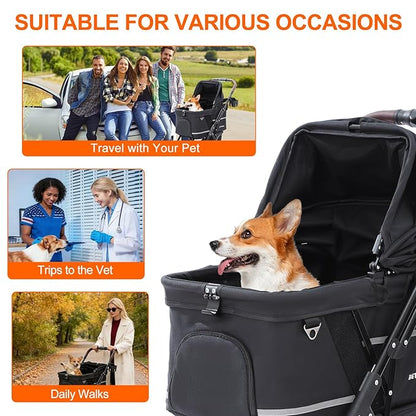 NO-Zip Pet Stroller for Small Dogs & Cats, Lightweight Dog Stroller with Reflective Safety Strips, One-Hand Fold, Claw-Proof Mesh, Breathable Travel Carriage, 33lbs Capacity, Black