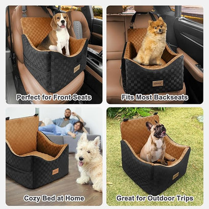 JOEJOY Elevated Dog Car Seat for Small/Medium Dogs up to 35 lbs, Memory Foam Booster Seat with Detachable Washable Cover, Travel-Safe Car Bed with Safety Belts & Storage Pockets, Brown