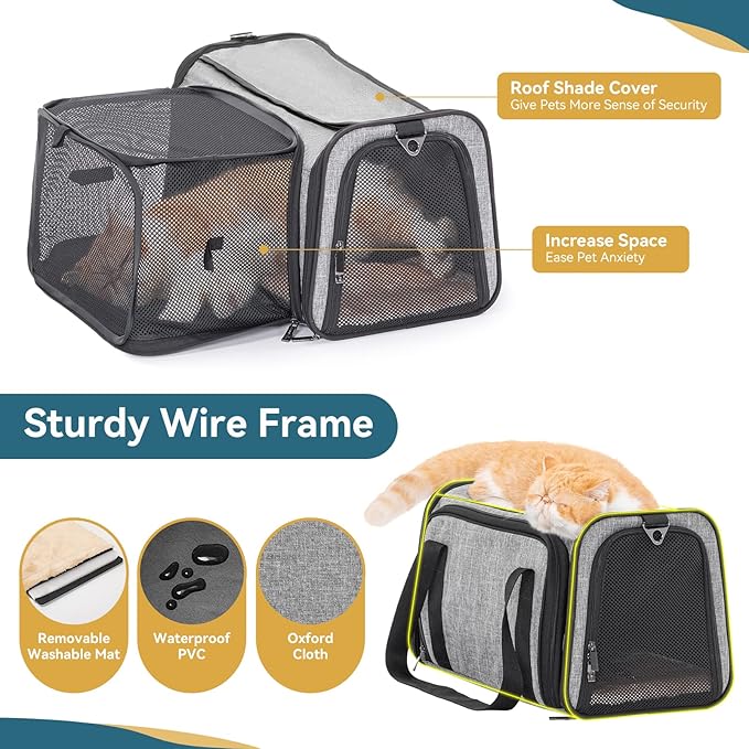 Petsfit Expandable Cat Carrier, 16"X10" X9" Pet Carrier Airline Approved, Soft-Sided Collapsible, Pet Carrier with Locking Safety Zippers, Removable Soft Plush Mat, Pocket for Pets up to 10lbs, Gray,S