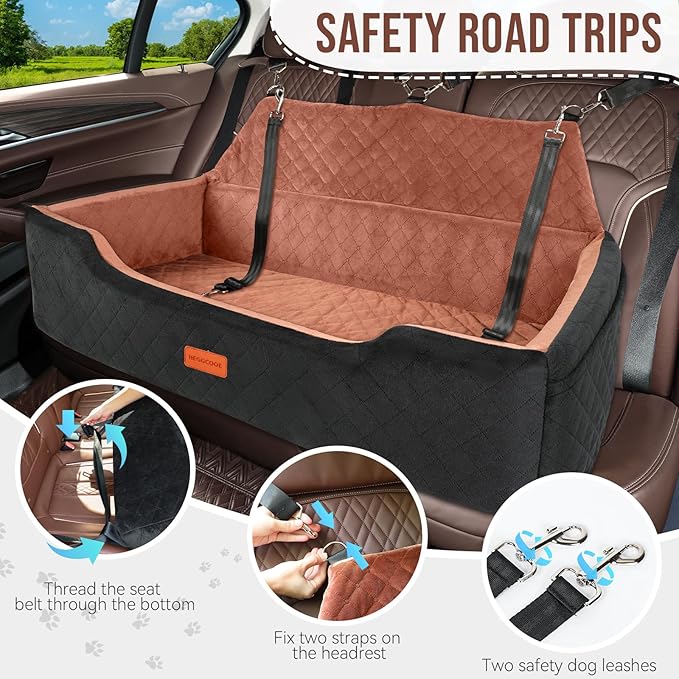 HEGGCOOE Large Dog Car Seat Under 100 lbs, Washable Dog Car Bed for 2 Medium Dogs, Detachable Pet Booster Seat with Storage Pocket and Seat Belt for Back Seat Dog Travel Bed