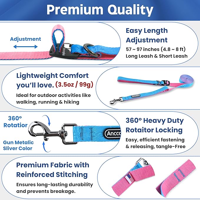 Hands Free Dog Leash, Multifunctional Crossbody Running for Dogs, Ultra-Light Dog Training Leash with Secure Clip, Short & Long Leashes, Adjustable Service Dog Leashes (Aqua Pink)