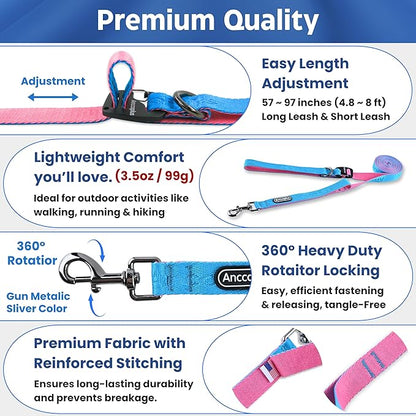 Hands Free Dog Leash, Multifunctional Crossbody Running for Dogs, Ultra-Light Dog Training Leash with Secure Clip, Short & Long Leashes, Adjustable Service Dog Leashes (Aqua Pink)