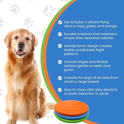 Dog Flying Disc - Pack of 3 Pet Frisbees + Durable Outdoor Dog Toys for Training and Exercise - Interactive Fetch Discs - Blue, Green, and Orange Colors