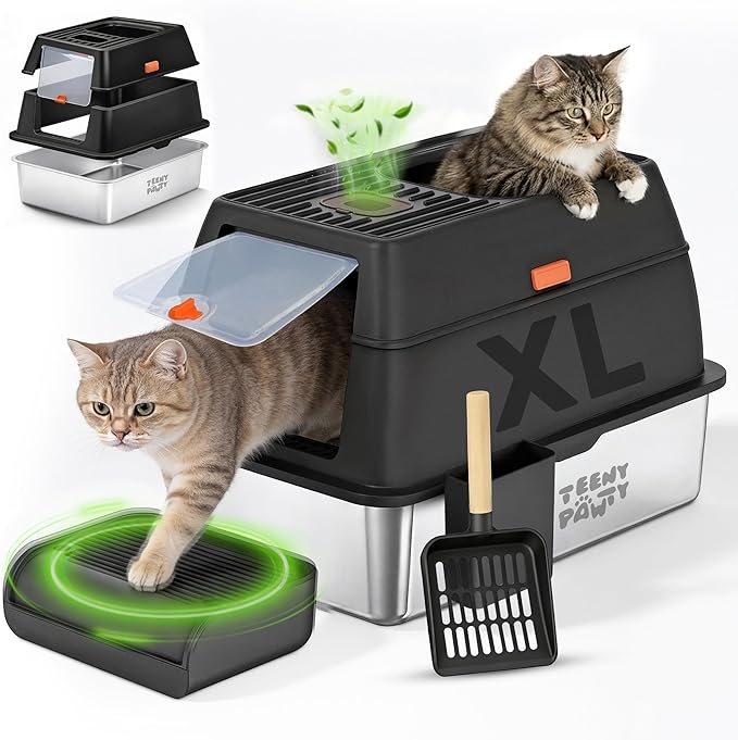 XL Stainless Steel Cat Litter Box with Enclosure and Pooper Scooper - Durable Black Metal Litter Box for Big Cats, High Sides for Anti-Leakage, Never Absorbs Odors, Non-Sticky - (60x40cm) (Black)