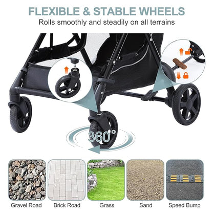 NO-Zip Pet Stroller for Small Dogs & Cats, Lightweight Dog Stroller with Reflective Safety Strips, One-Hand Fold, Claw-Proof Mesh, Breathable Travel Carriage, 33lbs Capacity, Light Blue