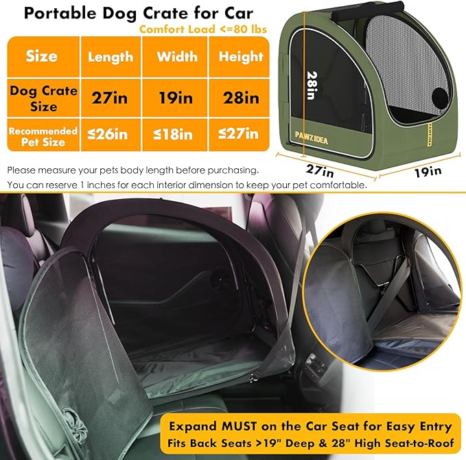 PAWZIDEA Portable Dog Crate for Car Travel, Collapsible Pet Travel Crates for Medium & Large Dogs Up to 80lbs, Enclosed Soft-Sided Car Kennel Carrier for Backseat, Secures w/Seatbelt & Headrest Strap