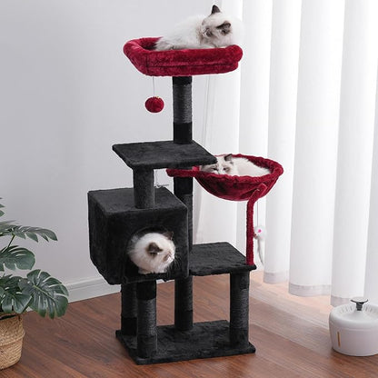 Heybly Cat Tree with Toy, Cat Tower Condo for Indoor Cats, Cat House with Padded Plush Perch, Cozy Hammock and Sisal Scratching Posts, Black and Red HCT004SBR