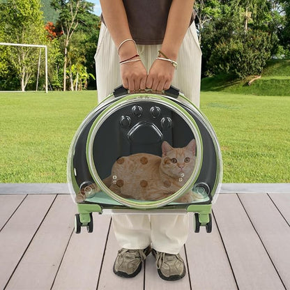 Transparent Bubble Pet Carrier with Wheels, Breathable Cat Dog Travel Carrier with 3-Stage Handle & Removable Strap, Portable Trolley Case with Ventilation for Small Dogs & Cats (Green)