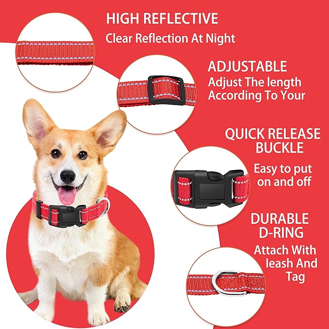 Reflective Dog Collar with Safety Locking Buckle, Adjustable Soft Breathable Nylon Collars for Small, Medium and Large Dogs(Collar+Leash XS Width 5/8" Red)