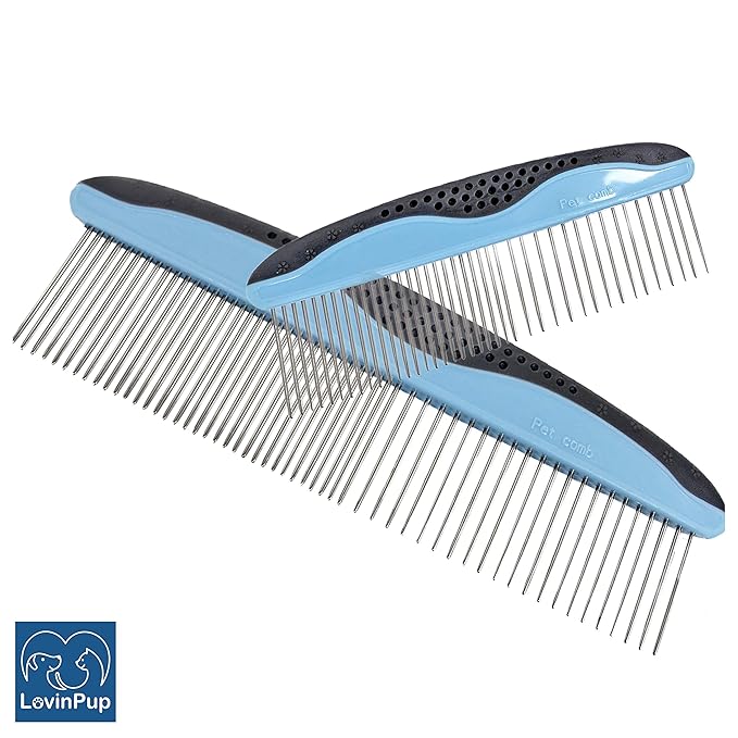 Pet Metal Comb for Dogs and Cats (2-Pack) - Stainless Steel Rounded Teeth for Painless Detangling - Dual-Spacing for Small & Large Pets with Comfort Grip Handle - Professional Grooming Tools