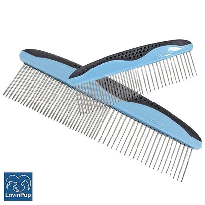 Pet Metal Comb for Dogs and Cats (2-Pack) - Stainless Steel Rounded Teeth for Painless Detangling - Dual-Spacing for Small & Large Pets with Comfort Grip Handle - Professional Grooming Tools