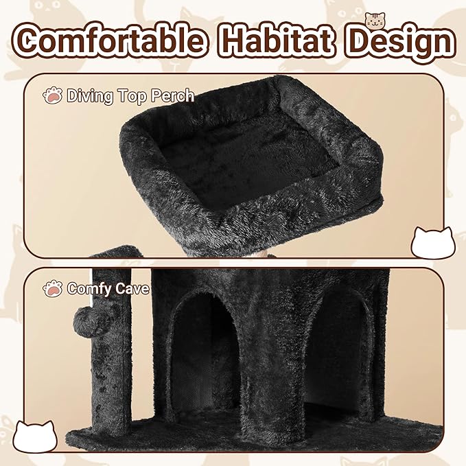 54 Inch Multi-Level Cat Tree Tower with Hammock, Condos & Scratching Posts, Large Cat Furniture for Indoor Cats with Pompoms, Black