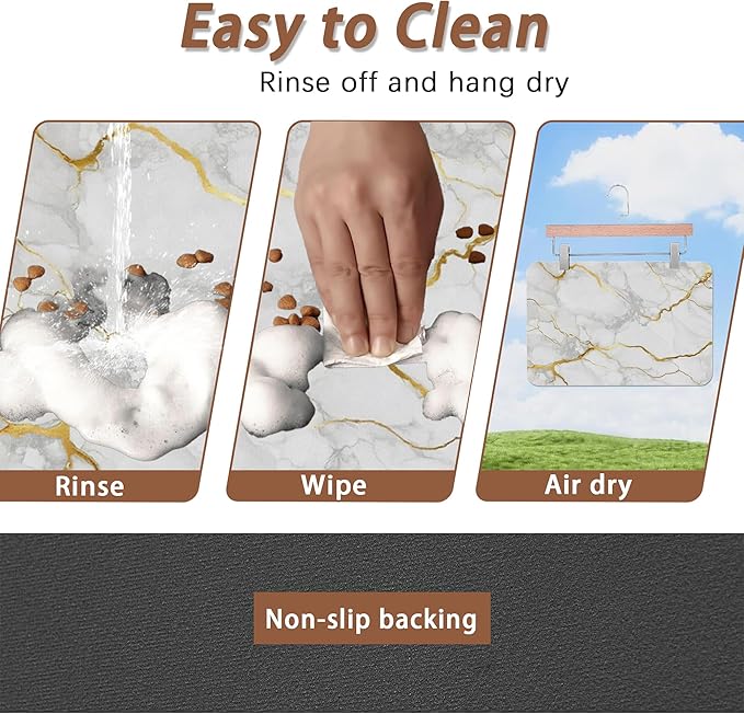 Marble Dog Food Mat for Floors,White Gold Marble Absorbent Quick-Dry Pet Feeding Mat,Cat Dog Bowl Mats for Food and Water,Non-Slip Pet Accessories Supplies 16"x24"