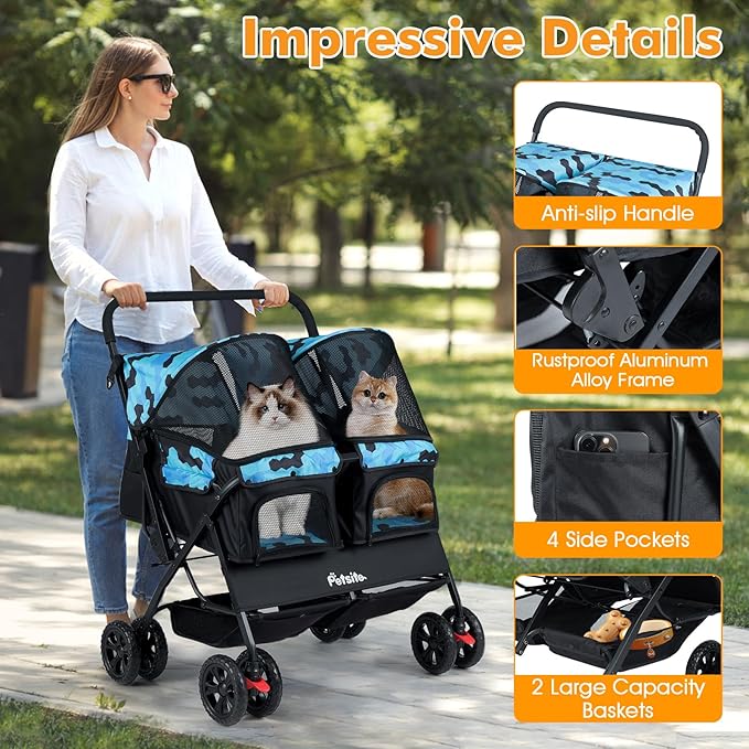 PETSITE Double Pet Stroller, Foldable Double Dog Stroller with 2-Seater Carrier, Adjustable Sunshade, Removable Pad, Safety Belt, Storage Basket, 4-Wheel Pet Travel Cart for 2 Puppies & Cats (Navy)