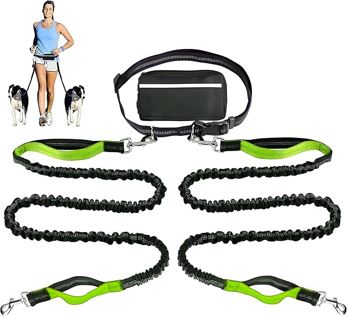 𝐇𝐞𝐚𝐯𝐲 𝐃𝐮𝐭𝐲 Hands Free Dog Leash for 2 Dogs – Dual Bungee Running Leash with Adjustable Waist Belt, Tangle-Free 360° Swivel, Shock Absorbing, Padded Handles & Zipper Pouch