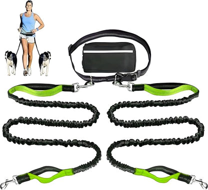 𝐇𝐞𝐚𝐯𝐲 𝐃𝐮𝐭𝐲 Hands Free Dog Leash for 2 Dogs – Dual Bungee Running Leash with Adjustable Waist Belt, Tangle-Free 360° Swivel, Shock Absorbing, Padded Handles & Zipper Pouch
