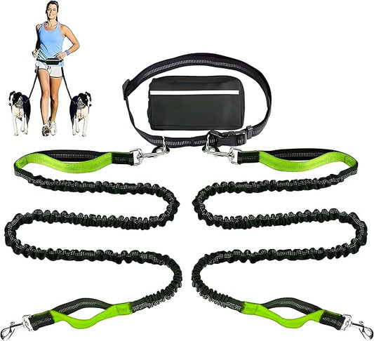 𝐇𝐞𝐚𝐯𝐲 𝐃𝐮𝐭𝐲 Hands Free Dog Leash for 2 Dogs – Dual Bungee Running Leash with Adjustable Waist Belt, Tangle-Free 360° Swivel, Shock Absorbing, Padded Handles & Zipper Pouch