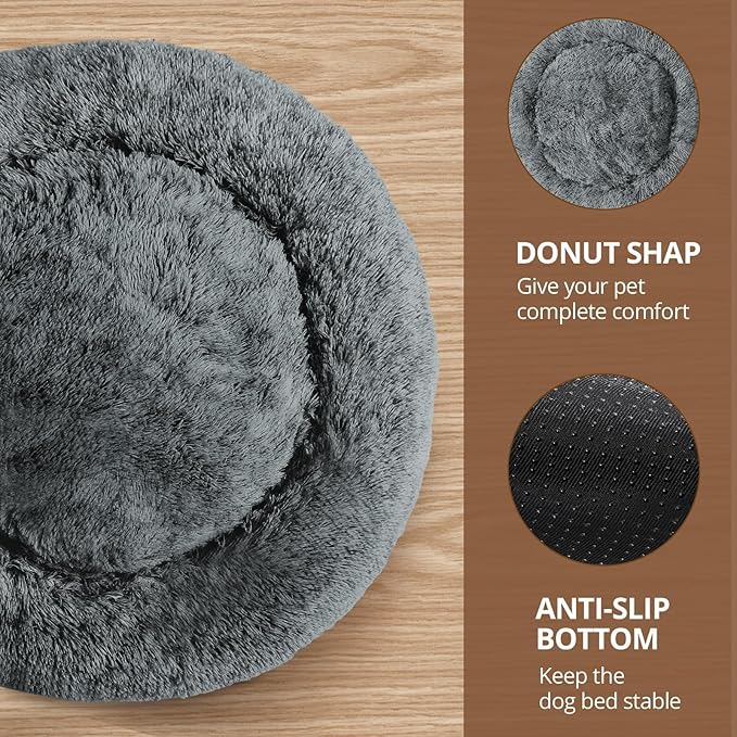 JOLLYVOGUE Calming Dog Beds Large Sized Dog, 36in Donut Washable Large Pet Bed, Anti-Slip & Anti-Anxiety Fluffy Faux Fur Round Dogs Bed, Fits up to 80 lbs Pets (Navy Grey)