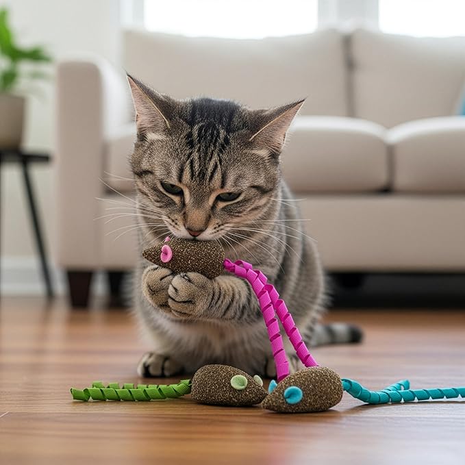 SmartyKat Magic Mice Compressed Catnip and Ribbon Cat Toys, Mess-Free for Hunting & Batting Fun for Cats & Kittens, Set of 3