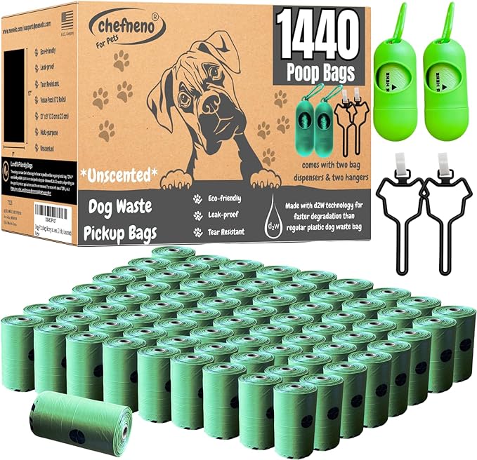 Doggy Poop Bags Biodegradable with Dispenser (1440 Bags) Eco-friendly Dog Waste Pickup Bags Landfill-friendly Refill Rolls Cat Waste Bags (Green, 72 Rolls, Unscented)