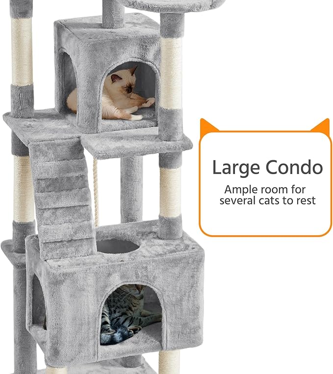 Yaheetech XL Cat Tree, 72in Multi-Level Cat Tower with 2 Cozy Caves, 3 Soft Perches, Scratching Posts, Board, and Dangling Ball, Pet Furniture Play House for Kittens/Cats, Light Gray