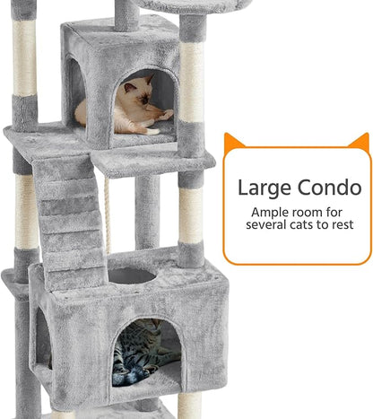 Yaheetech XL Cat Tree, 72in Multi-Level Cat Tower with 2 Cozy Caves, 3 Soft Perches, Scratching Posts, Board, and Dangling Ball, Pet Furniture Play House for Kittens/Cats, Light Gray