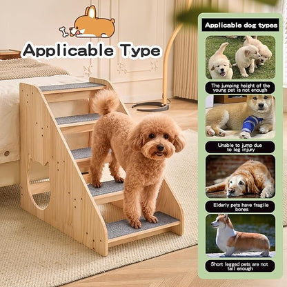 Dog Stairs for Small Medium Large Dogs 22.44" H Load Capacity 150lbs Solid Wood Non-Slip Sturdy Pet Steps for Bed & Couch 5 Step 15.75 * 27.56 * 22.44"