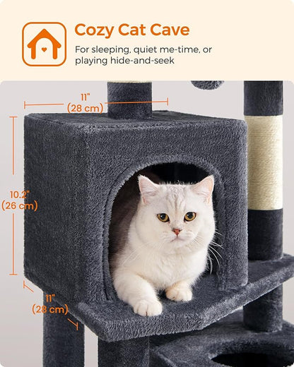 Feandrea Cat Tree, 59.5-Inch Tall Cat Tower, Plush Multi-Level Condo with 5 Scratching Posts, 2 Perches, 2 Caves, Hammock, 2 Pompoms, Smoky Gray UPCT192G01