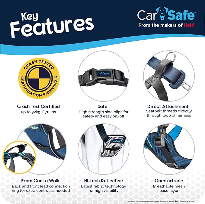 CarSafe Crash Tested Dog Safety Harness - Crash Tested to 32Kg/70lbs, Safely Secure Dog in The Car, Comfortable and Padded Design. for Toy, Small, Medium and Large Dogs (Size Large)
