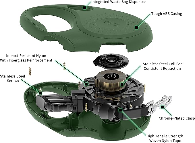 TUG Oval 360° Tangle-Free Retractable Dog Leash with Integrated Waste Bag Dispenser (Large, Green)