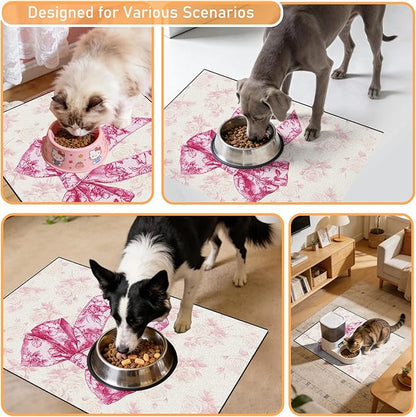Dog Bowl Mat for Food and Water - Hamdwerk Absorbent Anti Slip Cat Feeding Mats for Floors, Quick Dry Pet Dog Feeding Matts, Diatomite Pet Dish Placemat Supplies, Coquettee Bow Style, 16 * 24in