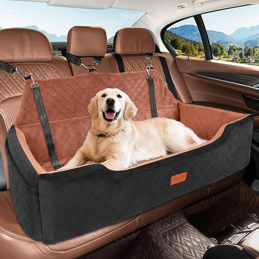 HEGGCOOE Large Dog Car Seat Under 100 lbs, Washable Dog Car Bed for 2 Medium Dogs, Detachable Pet Booster Seat with Storage Pocket and Seat Belt for Back Seat Dog Travel Bed