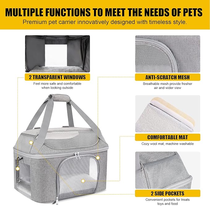 Large Cat Carrier Soft Side Pet Carrier for Kitten Puppy Collapsible Travel Small Dog Carrier Backpack TSA Airline Approved Pet Carriers for Under 20 lbs, Gray