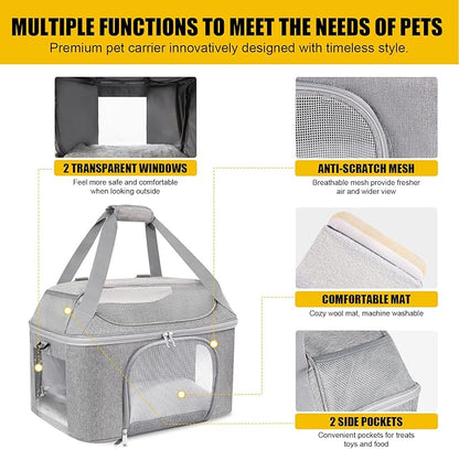 Large Cat Carrier Soft Side Pet Carrier for Kitten Puppy Collapsible Travel Small Dog Carrier Backpack TSA Airline Approved Pet Carriers for Under 20 lbs, Gray