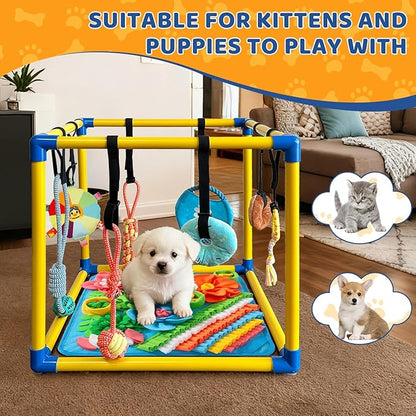 Puppy Play Gym with Snuffle Mat & 8 Hanging Toys Indoor Play Gym Interactive Dog Toys for Boredom Enrichment Activity for Small Dog PVC Frame Stretchy Rope with Velcro (19.6 x 19.6 x 19.6 inch)