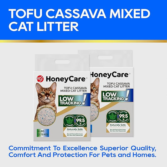 HoneyCare Cassava Tofu Mixed Cat Litter I Quick Clumping, Odor Control, Plant-Based Natural Ingredients, Non-Stick, Low Tracking, & Low Dust, 6 Lbs