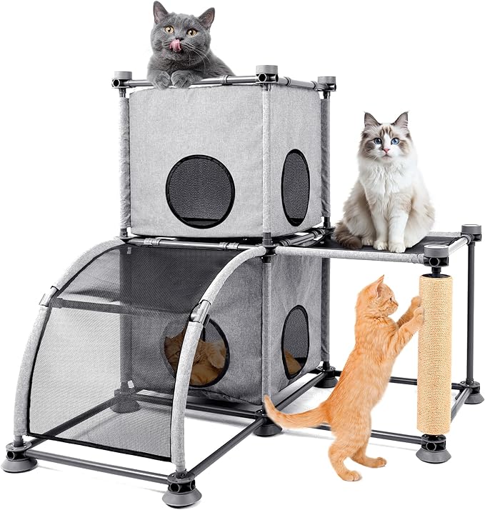 Large Cat Hamock Bed with Scratching Post – Multi-Level Cat Tree with House Condos & Ladder for Indoor/Outdoor Use+Grey/Two-Tier