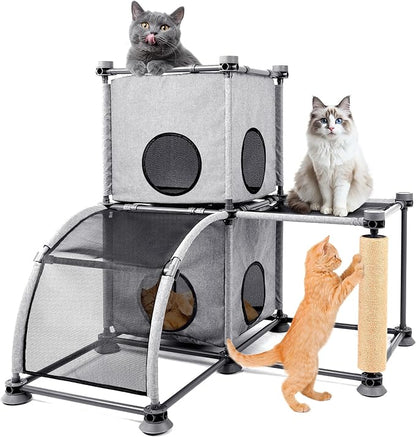 Large Cat Hamock Bed with Scratching Post – Multi-Level Cat Tree with House Condos & Ladder for Indoor/Outdoor Use+Grey/Two-Tier