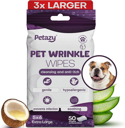 Wrinkle Wipes for Dogs 50 Count 5x6 | 3X Larger Dog Face Wipes for French Bulldog and Pug - Cleans Skin Folds, Tear Stains, Tail Pockets | Anti-Itch, Soothing & Hypoallergenic with Coconut Oil
